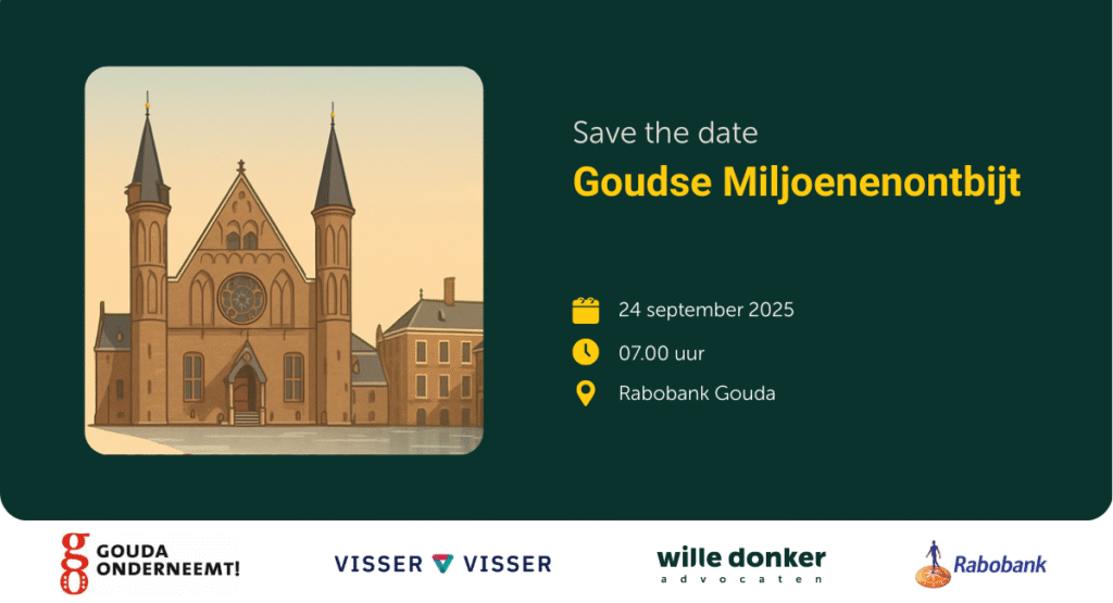 Wille Donker advocaten organiseert het Goudse Miljoenenontbijt op 24 september 2025 samen met Gouda Onderneemt!, Visser & Visser en Rabobank